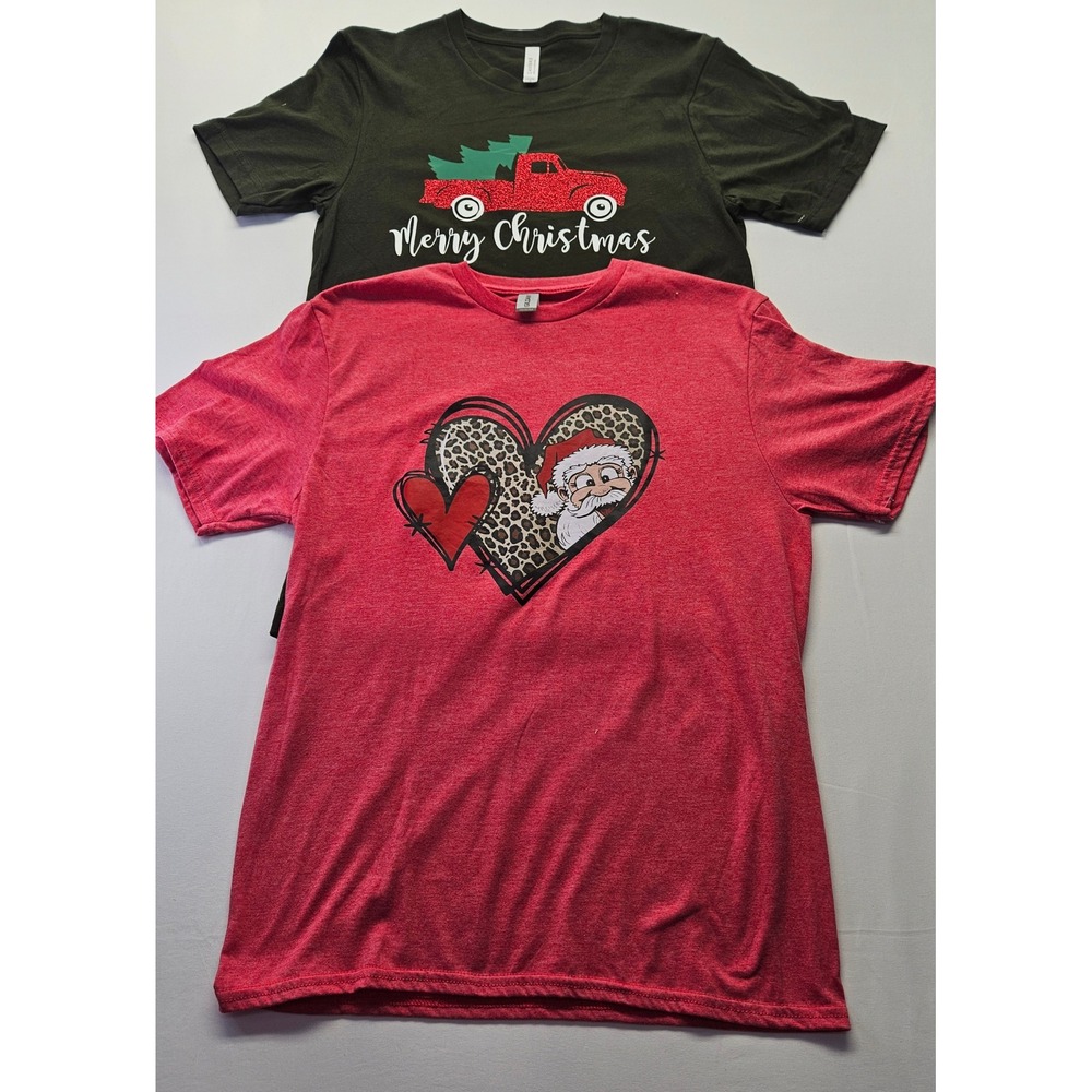 Lot of 2 Christmas Graphic T-Shirts Bella Canvas Gildan Santa Truck Womens Med
